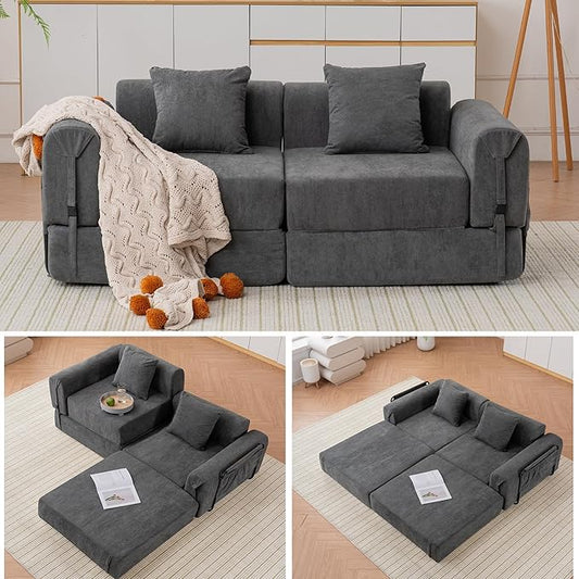 GNIXUU 71.3 Convertible Sleeper Sofa Bed Modern Convertible Boneless Couch with Foldable/Pull Out Bed Compressed Modular Futon Couch with Pillows &amp Storage Pocket for Living Room Bedroom Gray
