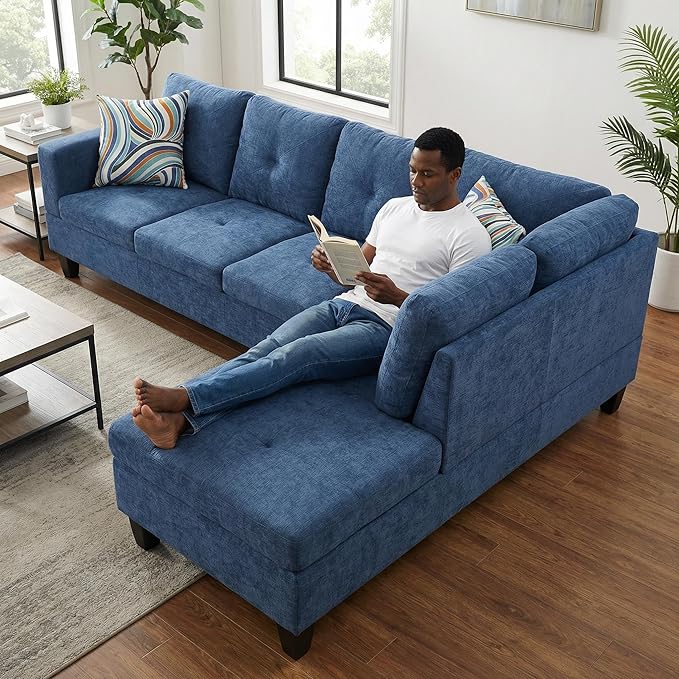 97 Inch Modern L-Shaped Couch Flannel Sectional Sofa with Right Facing Chaise 4-Seater Couch with Sturdy Frame for Living Room Apartment Blue