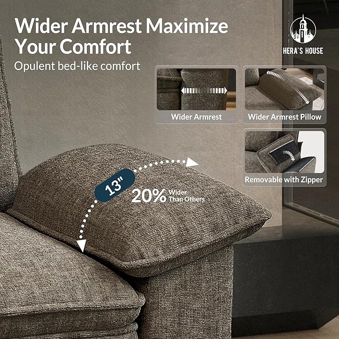 HERA'S HOUSE 124 Modular Sectional Sofa Oversized L Shaped Couches for Living Room Comfy Cloud Couch with Ottoman 4-Seater Deep Seat Sofa with Throw Pillow Chenille Ash