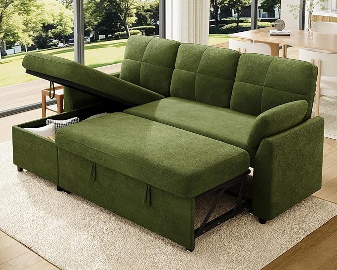 Jocisland Sofa Bed Sleeper Sofa with Storage Chaise Convertible Couch Bed with Pull Out l Shaped Couch for Living Room Linen Geen