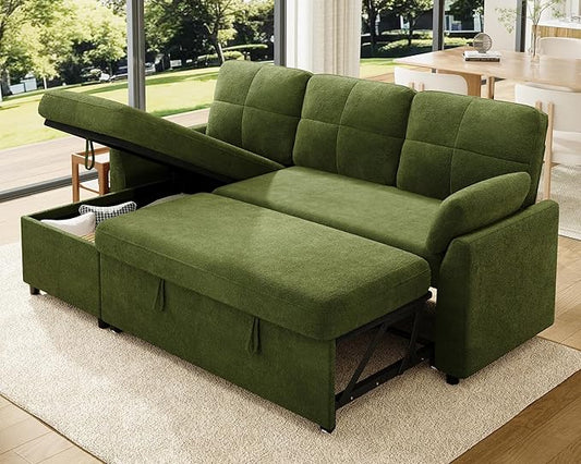 Jocisland Sofa Bed Sleeper Sofa with Storage Chaise Convertible Couch Bed with Pull Out l Shaped Couch for Living Room Linen Geen