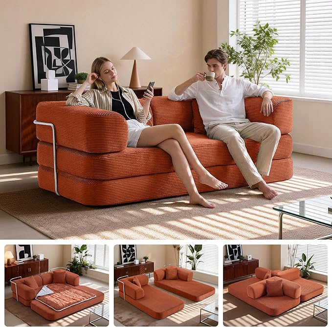 5-in-1 Convertible Sofa Bed Boneless Floor Couch Queen Size with Magic Pillow Blankets Zero-Assembly Sleeper Futon for Apartments Renters &amp Micro-Living Spaces Orange