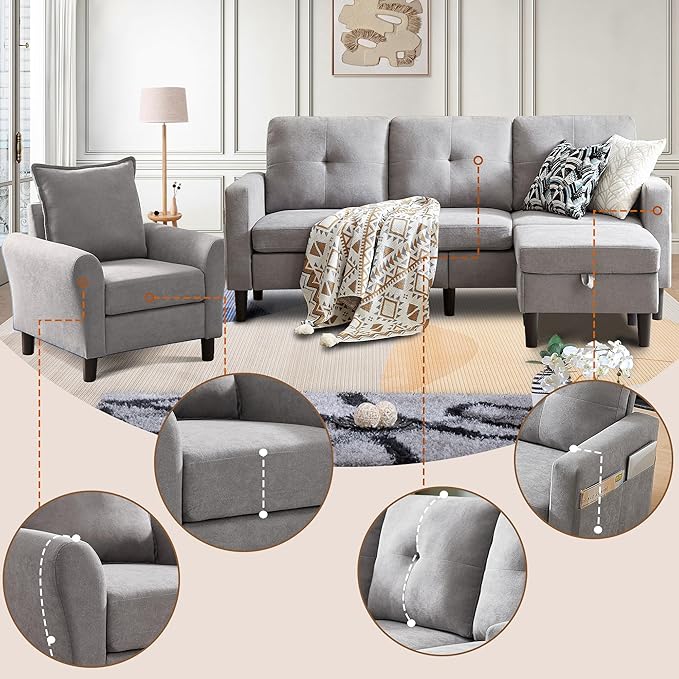 3 Piece Living Room Sofa Sets Modern 3 Seater Sofa with Storage Ottoman and 2 PSC Armchair Couch Sets Easy Assembly Modern 5 Seat Sectional Couches for Living Room Office Light Grey