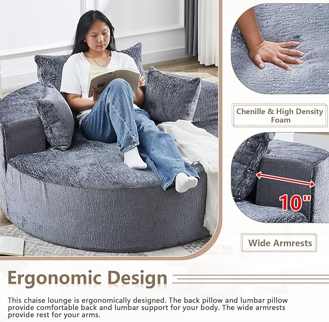 55''W Oversized Round Chair with PillowsComfy Chenille Single ChairOversized Accent Chair with Deep Seat Modern Large Reading Chairs for Living Room &amp Bedroom (Grey)