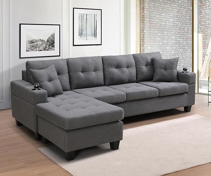 Wakefit Sectional Sofa Couch Modern 4-Seaters Living Room Furniture Sets with Reversible Chaise Lounge &amp 2 Pillows | L Shape Couch | Cup Holders | Linen Fabric Gray