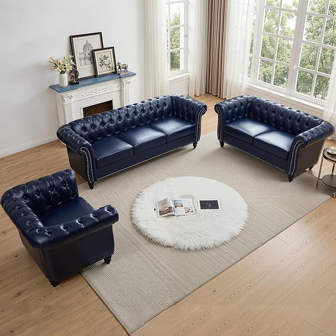 AVZEAR Leather Upholstered Armchair Single Sofa Chair with Rolled Arms and Nailhead Mid-Century Modern Tufted PU Chesterfield Chair for Living Room Bedroom Office Apartment PU Blue