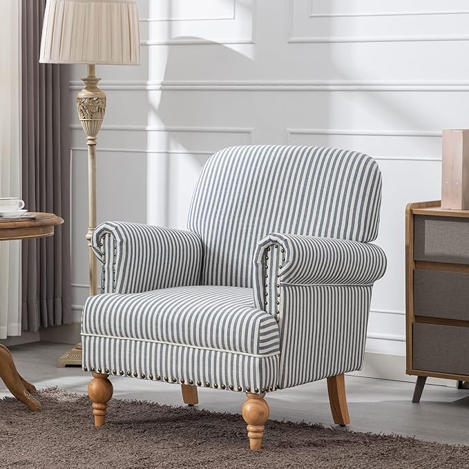 Blue Striped Linen Fabric Accent Chair Coastal Upholstered Armchair with Nailhead Trim &amp Ball Turned Wood Legs Modern Farmhouse Club Chair for Living Room Bedroom Guest Room