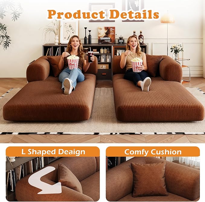 4-in-1 Corduroy Convertible Sleeper Sofa Bed 78.8 Boneless Couch with Pull-Out Bed No Assembly Required Futon Loveseat Floor Mattress with Stainless Fixed-Shape Frame for Living Room (Brown) | Clo