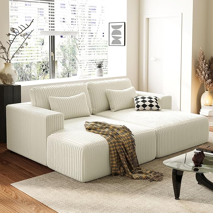 86-Inch Fluffy Corduroy Boneless Sleeper Daybed Loveseat Double Recliner Chaise Lounge Sofa Couches Floor Cloud Sofa Chaise W/4 Pillows for Home Apartment Living Room