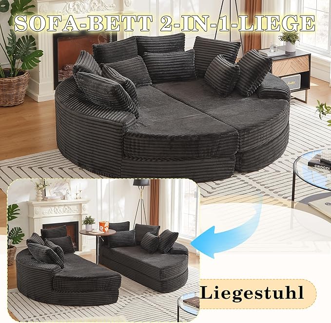 78.5 Corduroy Boneless Round Oversized Sofa Converts into Two Recliners 2-in-1 Sofa Bed Convertible Lounge Chair Neck Pillow Design with Five Throw Pillows (Black Full Circular Sofa)