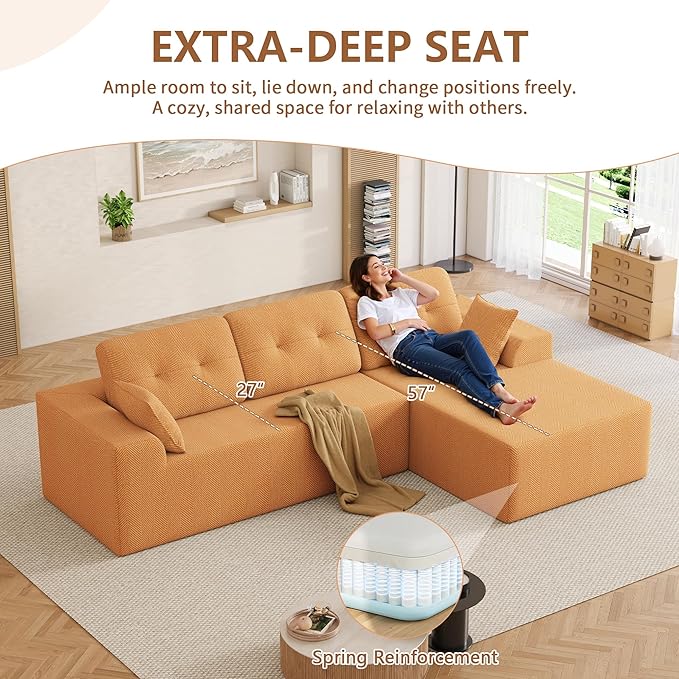 Ball &amp Cast 106 Cloud Modular Sectional Sofa Boneless Chenille Couch with Deep Seat Comfy L-Shaped Sectional Modern Upholstered Sofa for Living Room No Assembly (Orange Right Facing Chaise)