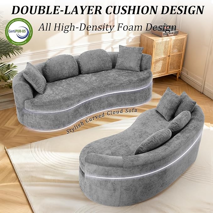 95” Modern Curved Sofa Chenille Fabric Comfy Cloud Couch No Assembly Required Half Moon Couch with Deep Seat 4 Pillows for Living Room Apartment Bedroom