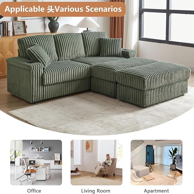 Aoowow 84 Corduroy Oversized 3-seater sofa with 2 Ottomans Modular Sectional Deep Seat Sofa with Back and Toss Pillows Modern Comfy Sofa with 2 Storage Spaces and Cup Grooves for Living Room Green