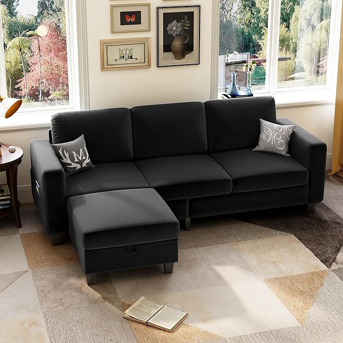 78 Sectional Sofa Couches for Living Room Black Convertible L Shaped Couch with Storage Ottoman Deep Seat Pet-Friendly Velvet Fabric Sofa Set for Small Space Apartment Dorm