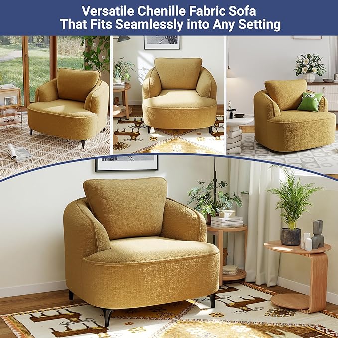 36 Lounge Chair with Metal Leg Accent Chair with Plush Chenille Upholstery Ergonomic Back &amp Boneless Comfort for Living Room Bedroom Office No-Assembly Gold