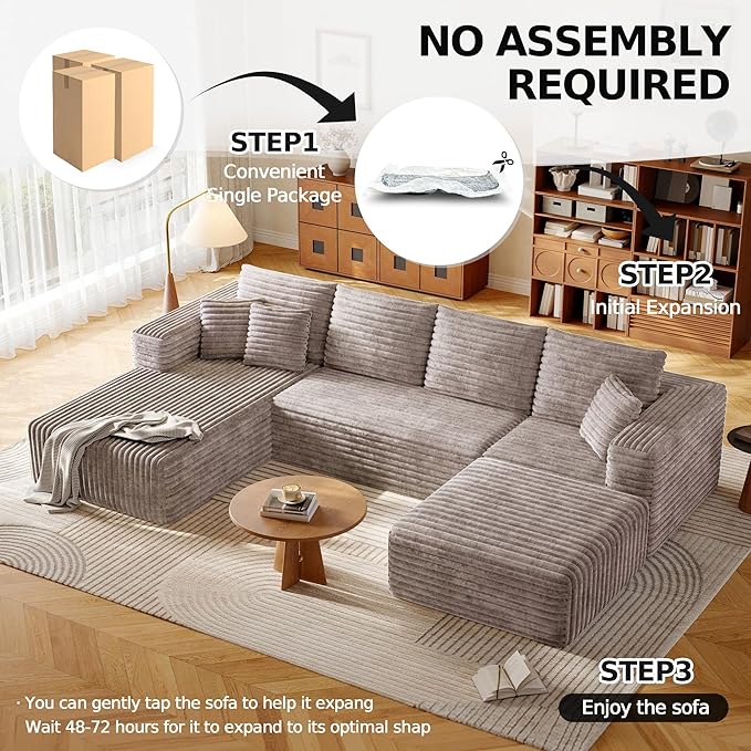 134.6 Modular Sectional Sofa with Deep Seat Boneless U Shaped Corduroy Couch Modern Comfort Cloud Couch Oversized for Living Room No Assembly (Camel)