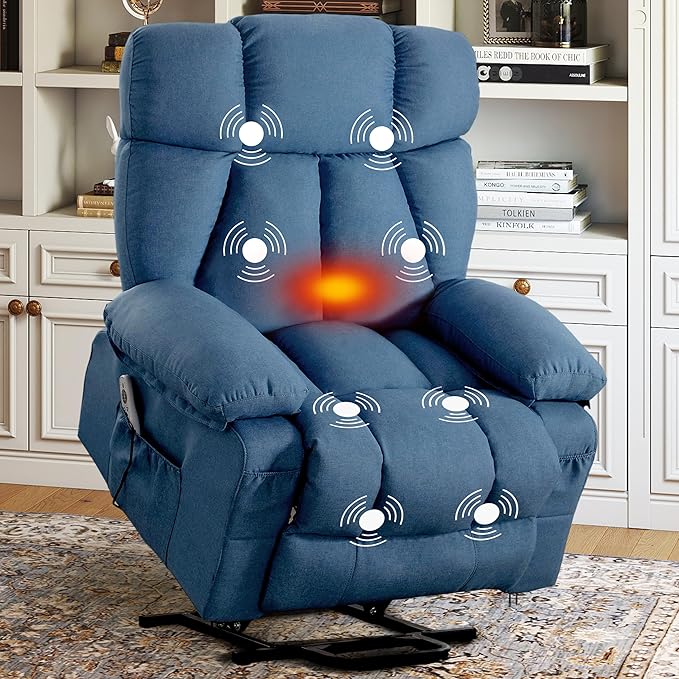 Power Lift Recliner Chair for Elderly Big and Tall Lift Chair with Massage and Heat for Living Room Fabric Electric Recliner Chairs with 4 Side Pockets USB Charge PortBlue