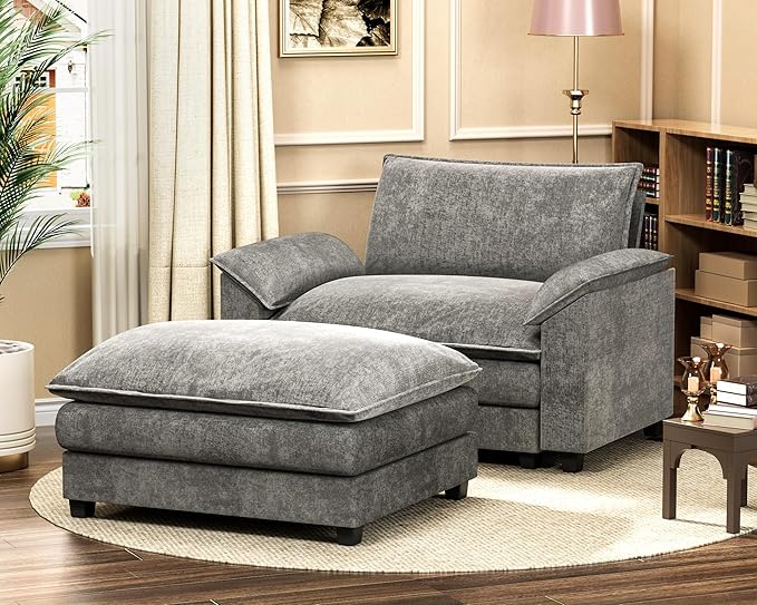 Homall 40 Modular Sectional Sofa Single Sofa Couch with Reversible Ottoman DIY Combination Chenille Deep 1-Seat Cloud Couch for Living Room Apartment (Light Grey Single Sofa Chair)