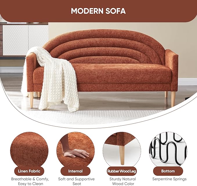 63 Small Loveseat Sofa for Small Spaces Mid Century Modern Sofa Linen Upholstered Furniture with Wood Frame Mini Couch for Living Room/Bedroom Office Couch Easy Assembley Ocher Orange