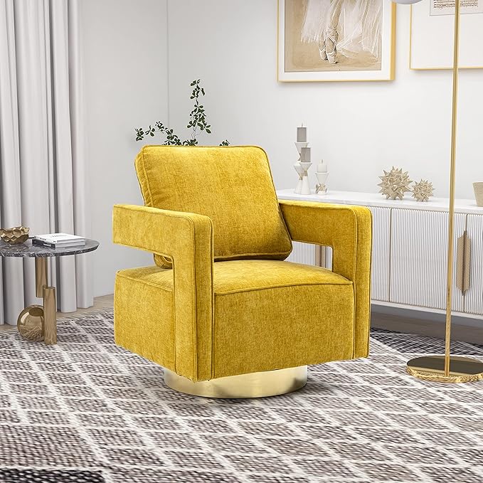 30.7 W Swivel Accent Open Back Chair Modern Comfy Sofa Chair with Gold Stainless Steel Base for Nursery Bedroom Living Room Hotel Office Club Chair Leisure Arm Chair for Lounge (Mustard Chenille)