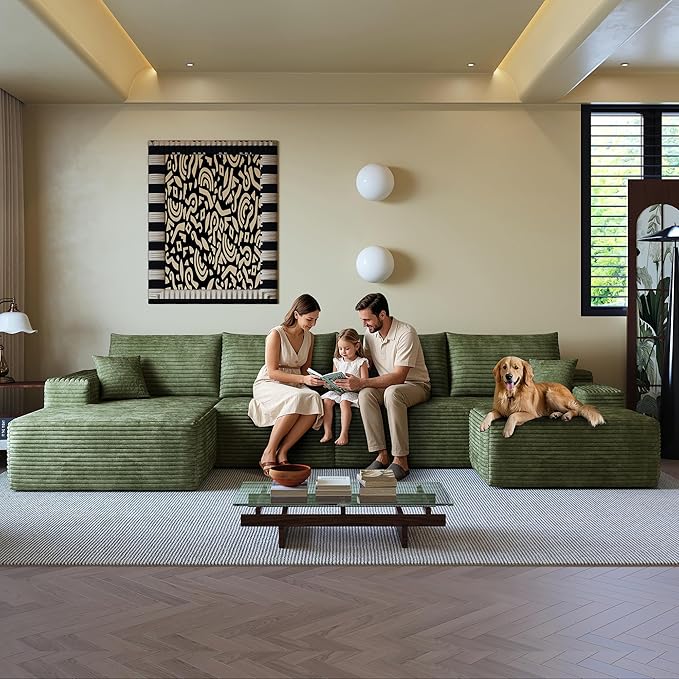 135.4 Oversized U Shaped Modular Sectional Sofa Cloud Couch with Chaise Lounge and Movable Ottoman Fluffy Corduroy Upholstered Boneless Sofa Deep Seat Couches w/Pillows | 35D Full Foam Compressed
