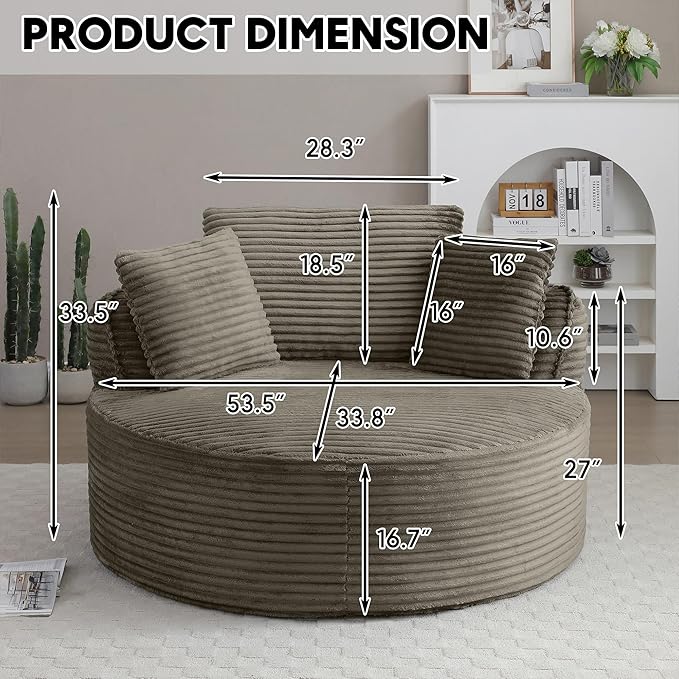 Oversized Round Chair Lounge Chaise Indoor 53.5 Corduroy Boneless Round Chair Fluffy Single Deep Seat Cloud Sofa Chairs Modern Circle Chaise Lounge for Bedroom Living Room Camel