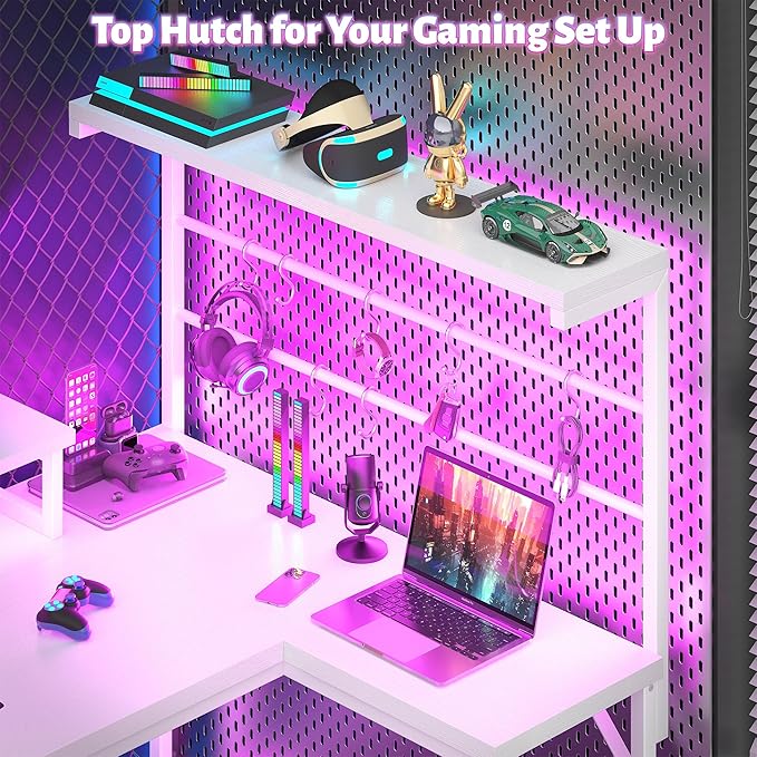 EnHomee 53 L Shaped Gaming Desk with Monitor with Hutch &amp Monitor Stand Office Desk with Drawers &ampHooks Computer Desk with LED Light &ampPower OutletHome Office Writing Desk White
