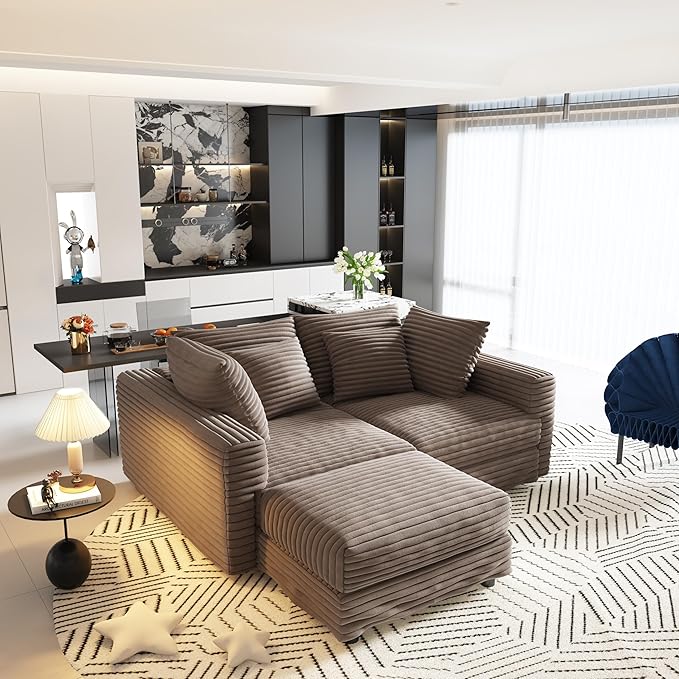 Ball &amp Cast 102.4 Plush Corduroy 4 Seater Sofa with Movable OttomanDeep Seat L Shaped Cloud Couches with Soft PillowsComfy Convertible Sectional Couch Lounge Chair for Living RoomOfficeCamel