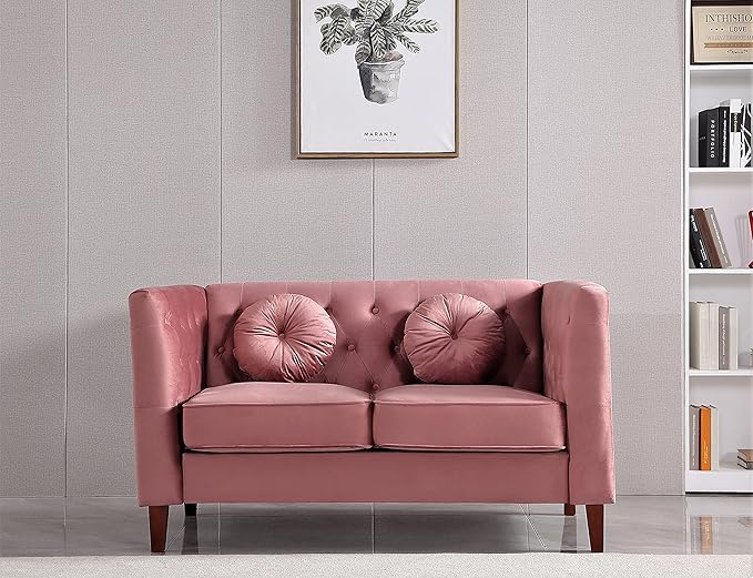 Kittleson Classic Chesterfield Velvet Loveseat Sofa with Elegant Button Tufted Backrest Square Legs High-Density Foam &amp Accent Pillows 2 Seater Couch for Living Room Love Seat Rose