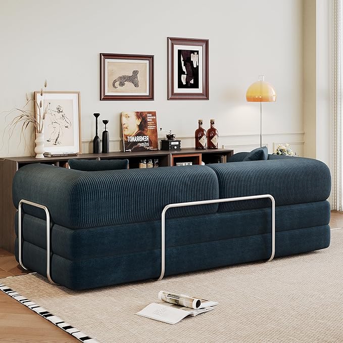 KEIKI 78.8 inch Compression Sofa Convertible Floor Sofa Bed Comfy Futon Couch Sleeper Bed Corduroy Folding Loveseats for Living Room Blue