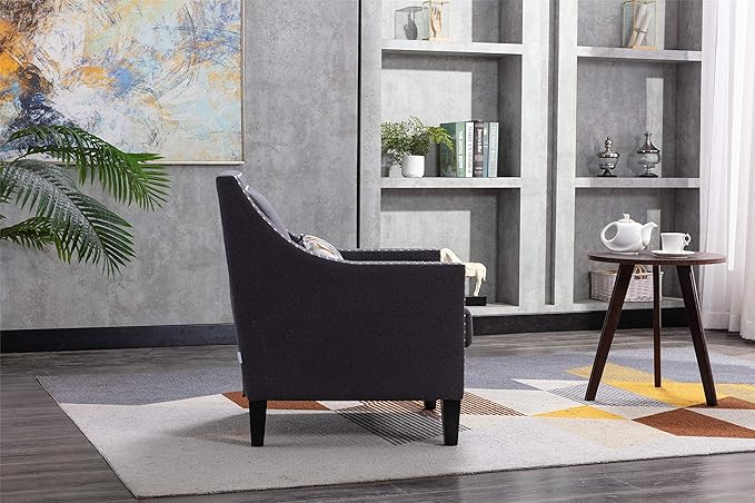 Accent Armchair Living Room Chair with Nailheads and Solid Wood Legs Charcoal Linen
