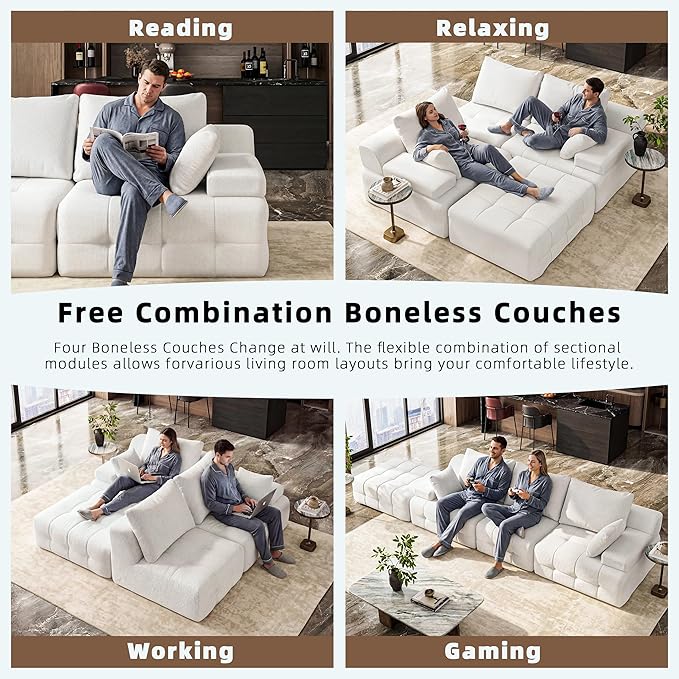 110 Cloud Sectional Couches for Living RoomModern Convertible L-Shape Couch with Ottoman 3 Seater Chenille Fabric Comfy Cloud Couches with Movable Ottoman White