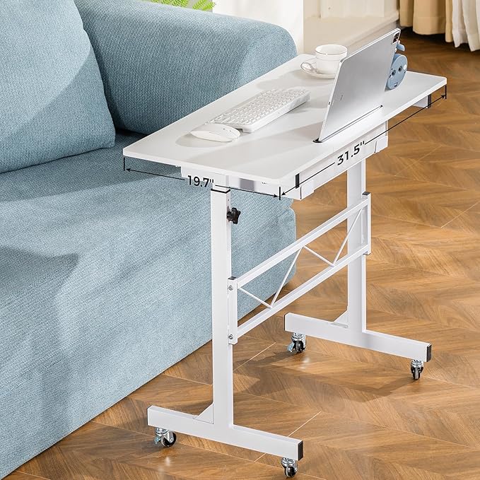 GTPLAYER Small Mobile Standing Desk 32In Wide Adjustable Height Stand Up Desk for Home Office Portable Sit Stand Rolling Computer Desk with Wheels Storage Drawer and Slot White Walking Laptop Table