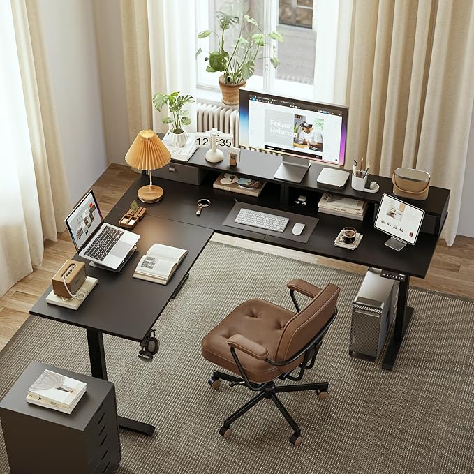 Agilestic L Shaped Electric Standing Desk with 2 Drawers 63 Inch Ergonomic Adjustable Height Desk with Storage Corner Desk Sit Stand up Computer Table for Work Office Home Black