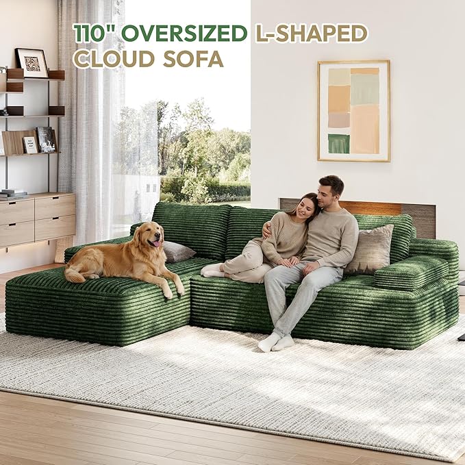 Yaheetech 110 Modular Sectional Sofa Corduroy Boneless Couch with Chaise L-Shape Cloud Couch with Detachable Pillows No Assembly Sofa for Living Room Green