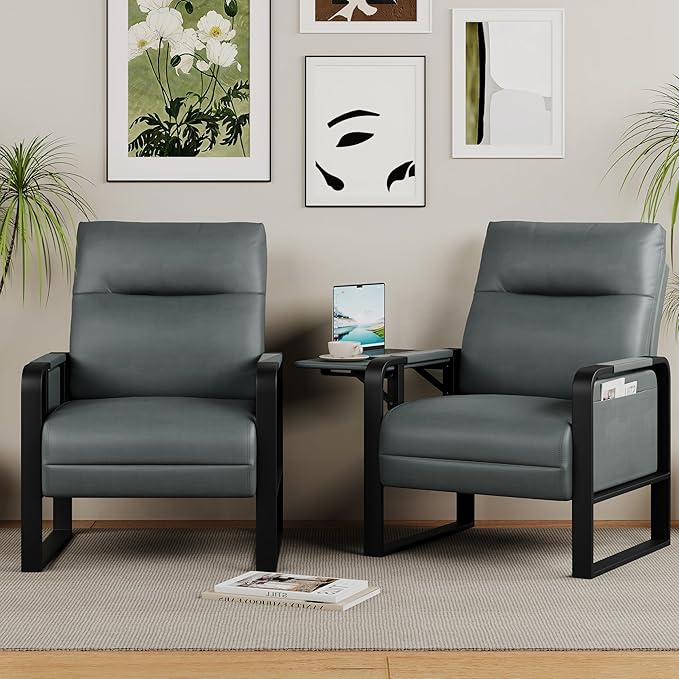 Upholstered Living Room Chair Armchair Set of 2 Mid Century Faux Leather Metal Accent Chair Reception Couch Slipper Club Lounge Chair Guest Comfy Single Sofa with Sidetable-Dark Grey