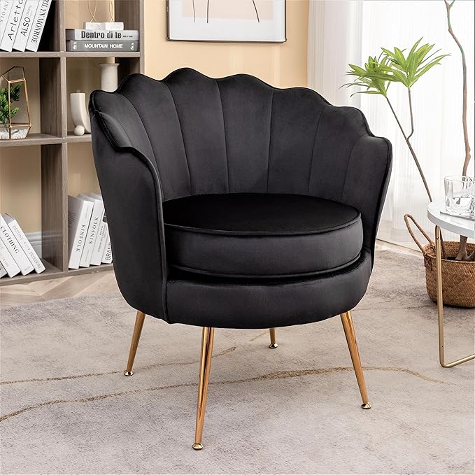 Velvet Barrel Accent Chair with Scalloped Silhouette and Gold Metal Legs Decorative Piece Suitable for Traditional Modern and Contemporary Spaces Black