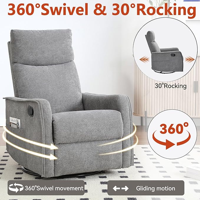 Heated Massage Recliner Chairs for Adults Swivel Rocking Chair Recliner with High Back Small Recliner Chair for Small Spaces Manual Lazy Boy Recliners for Living Room Pockets Fabric (Grey)