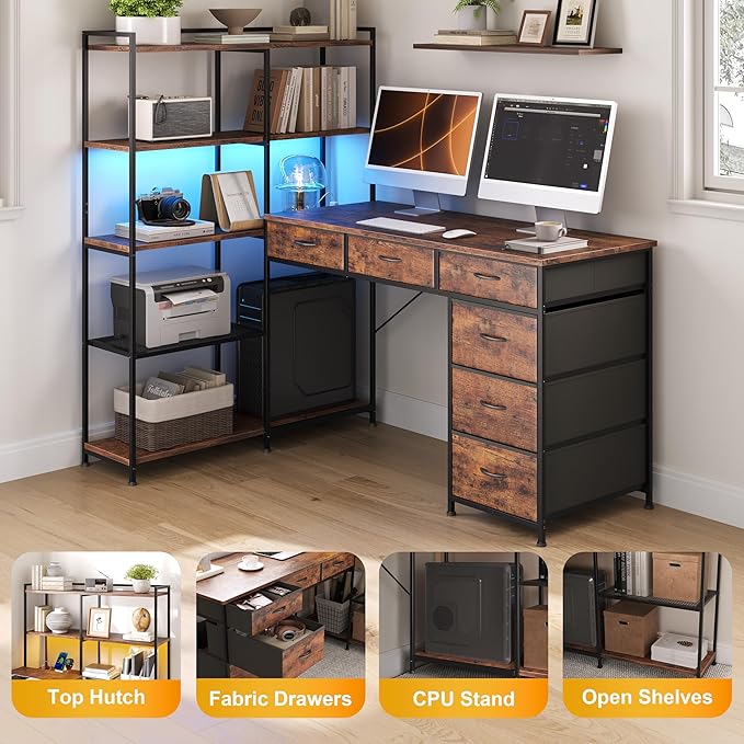 Garvee L Shaped Gaming Computer Desk with 6 Fabric Drawers Corner Gaming Desk with Open Shelves Home Office PC Table with Power Outlets &amp LED Lights 58.3 l*54.3 h Rustic Brown
