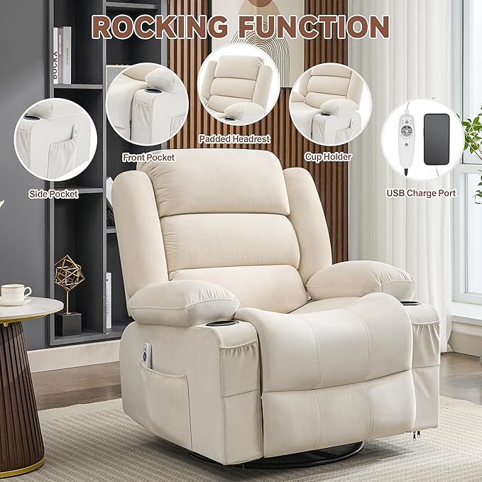 Rocker Recliner Chair with Heat and Massage 360° Swivel Nursery Rocking Chairs for Adults Oversized Recliner Single Sofa Seat with Cup Holders Lazy Boy Recliner Single Sofa (Manual Beige)