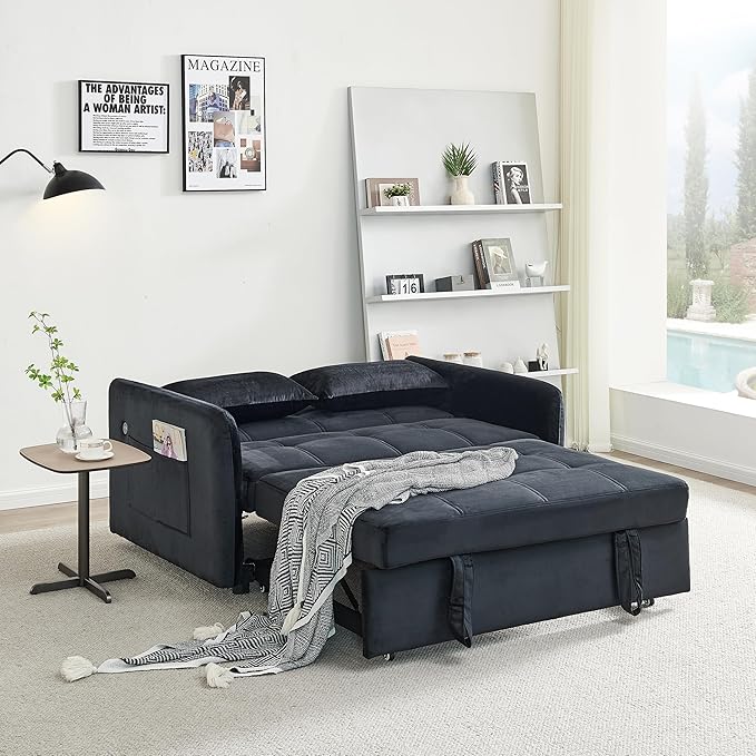 55.5 Velvet Convertible Sofa Bed Pull Out Sleeper Sofa Bed Loveseat Couch with USB Charging Ports 3 in 1 Convertible Sleeper Sofa Bed for Living Room Apartment Bedroom RV Black