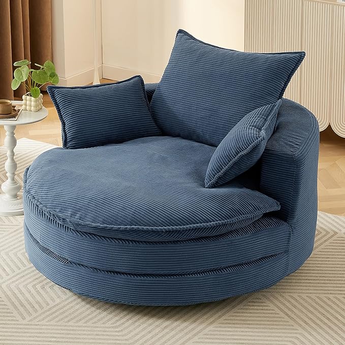 360° Swivel Sofa Chair Accent Barrel Chair 57.5 Swivel Round Chair with Dual-Layer Cushion Design and 3 Removable Pillows for Living Room Bedroom Office and Hotel (Blue)