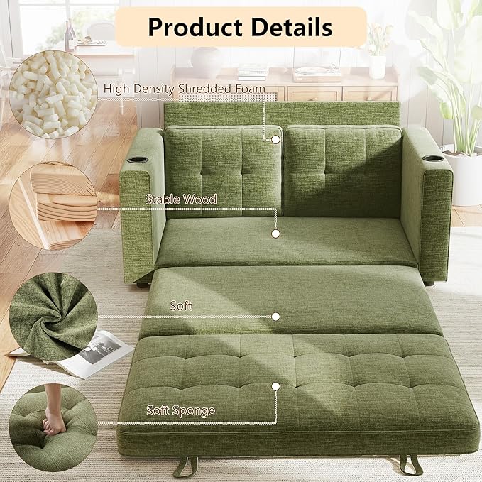 WorthFurni Convertible Sofa Bed Folding Sofa Bed 2 in1 Pull Out Loveseat Sleeper Sofa Floor Sofa Bed for Small Spaces Folding Couch Bed with Pillows for Living Room Bedroom - Green