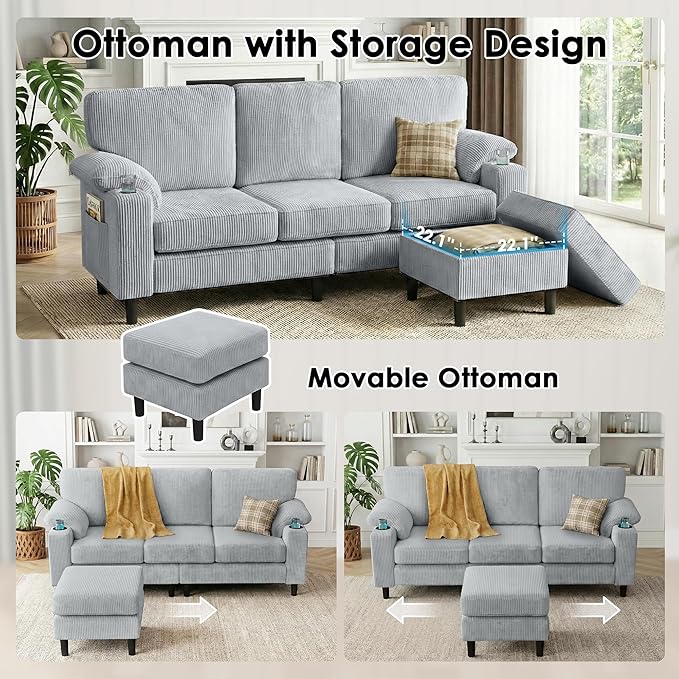 80'' Modular Sectional Sofa 3-Seater L-Shaped Couch with Storage DesignCorduroy Fabric and Movable Ottoman for Living Room Office Apartment LightGray | USB Charging Cup Holders Side Pockets Ar