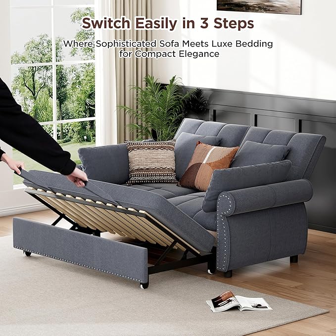 3 in 1 Sofa Bed 61 Inch Convertible Pull out Couch with Four Pillows Loveseat Sleeper Sofa with Adjustable Backrest Sofa Couches for Living Room Bedroom Apartment Chenille Fabric Grey
