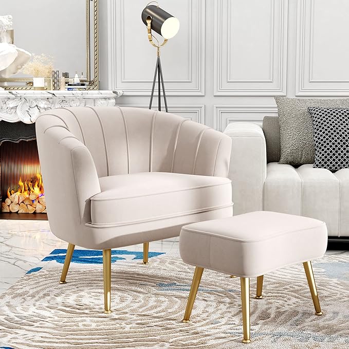 Andeworld Velvet Accent Chair with Ottoman Upholstered Modern Single Sofa Side ChairComfy Barrel Club Living Room Armchair with Golden Metal Legs for Bedroom Living Reading Room Office Beige