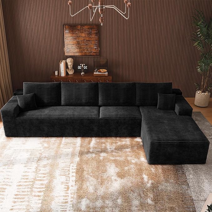 3-Piece Boneless Modular Sectional Sofa Cloud Couch with Right Facing Chaise Oversized Deep Seat Soft Corduroy Fabric Sectional Couch for Living Room-Black
