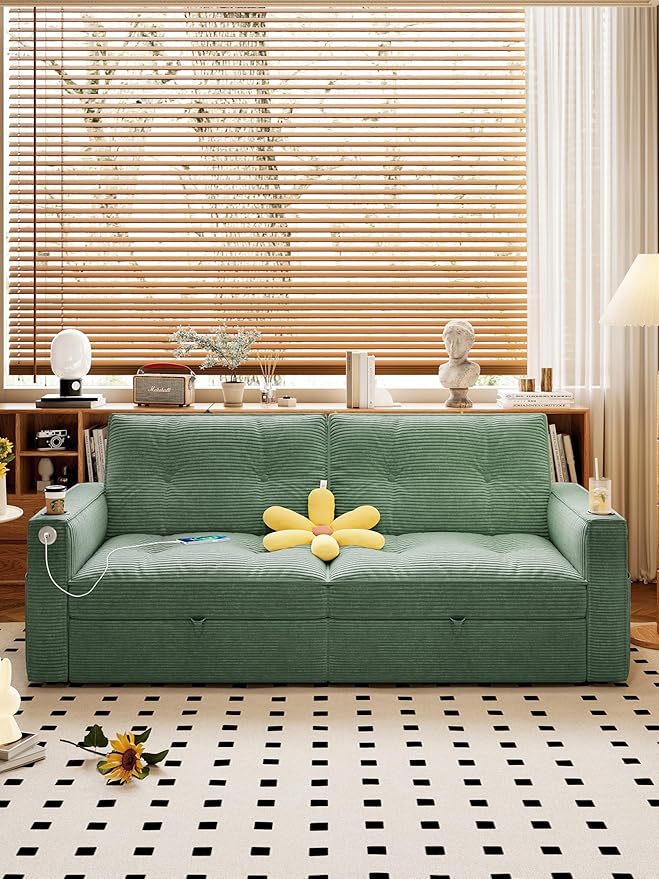 73.2'' Sleeper Sofa Bed Full Size Corduroy Futon Couches Convertible Pull Out Couch 5min Assembly Adjustable Backrest USB Pocket Modern Loveseat for Small Space Living Room Green