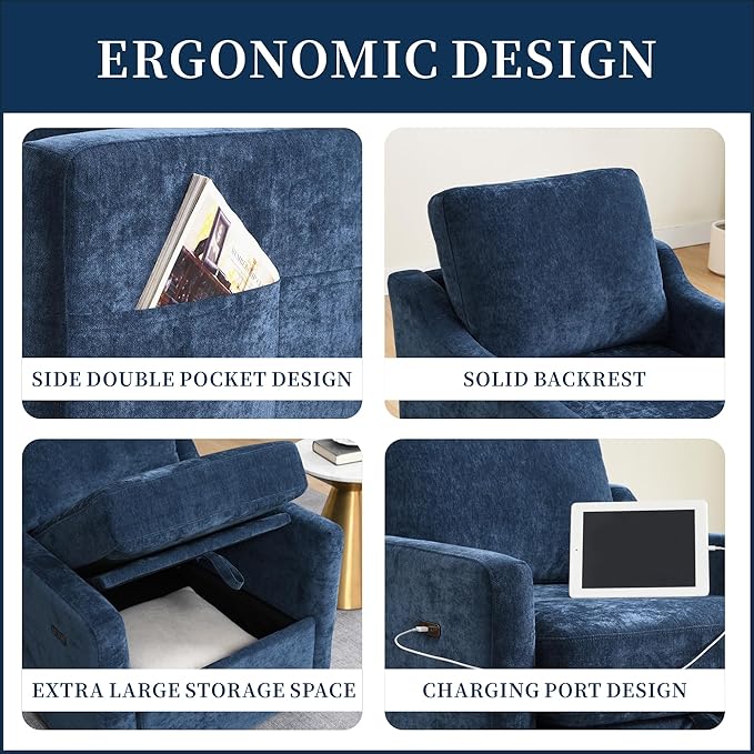 Swivel Accent Chair 360° Swivel Comfy Upholstered Seat for Living Room Bedroom Office with Hidden Storage &amp Dual USB-C Ports Chenille Fabric 300lbs Capacity Navy Blue