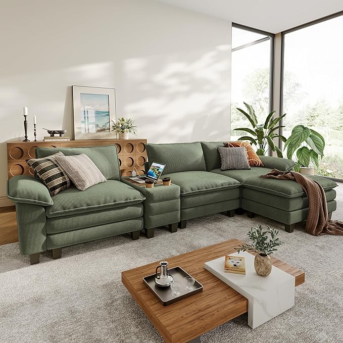 LINSY HOME Modular Sectional Sofa for Living Room Corduroy Cloud Couch with Storage Console USB Charging Cup Holders Comfy Modern Modular Cloud Couches with Movable Ottoman (Green)